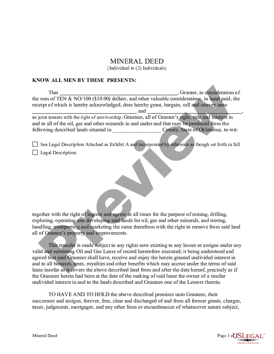 Oklahoma Mineral Deed From An Individual To Two Individuals Oklahoma Mineral Form Us Legal Forms 9658