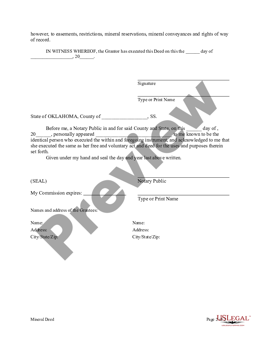 Oklahoma Mineral Deed From An Individual To Two Individuals Oklahoma Mineral Form Us Legal Forms 0953