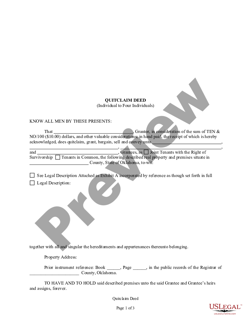 Oklahoma Quitclaim Deed One Individual To Four Individuals Us Legal Forms 4677