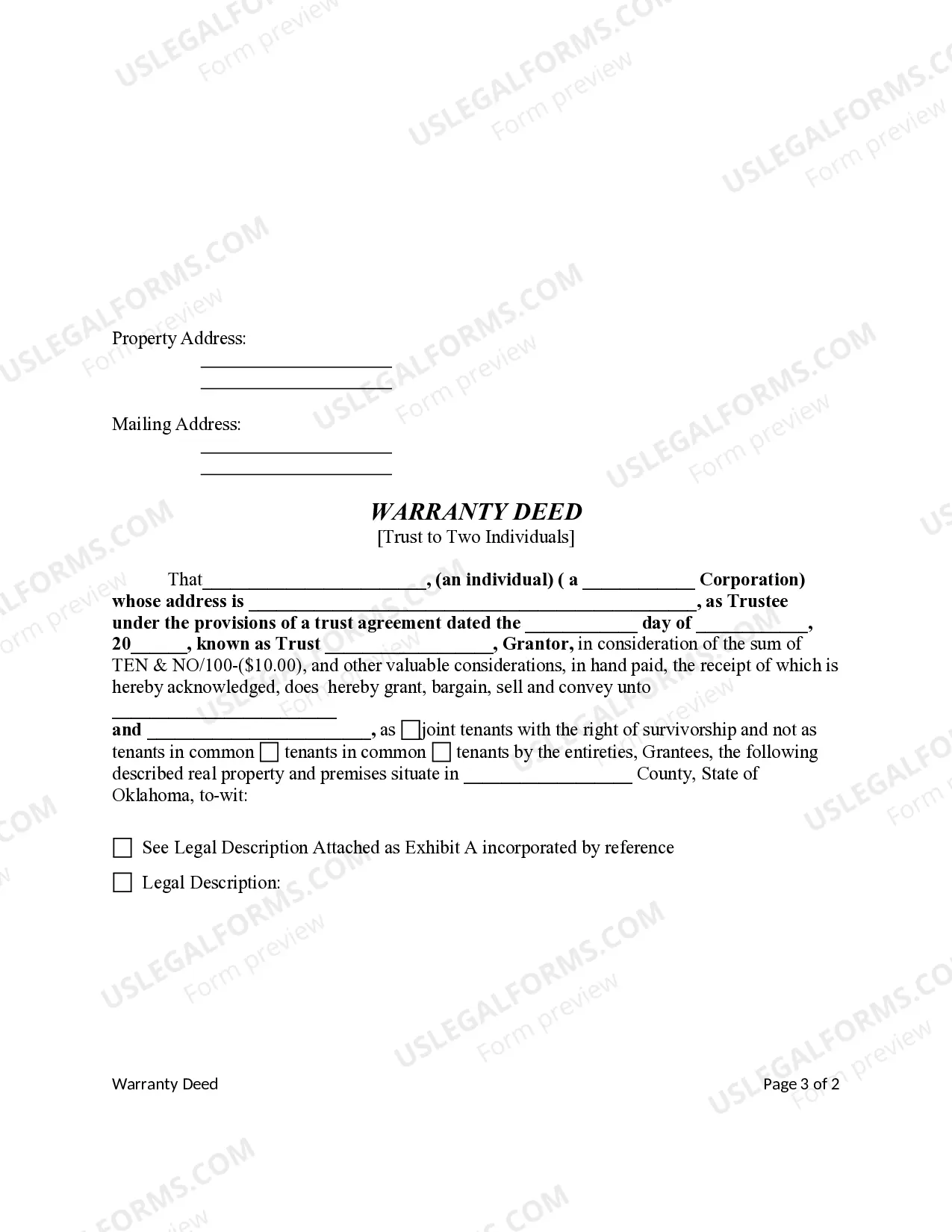 Preview Warranty Deed from a Trust to Two Individuals