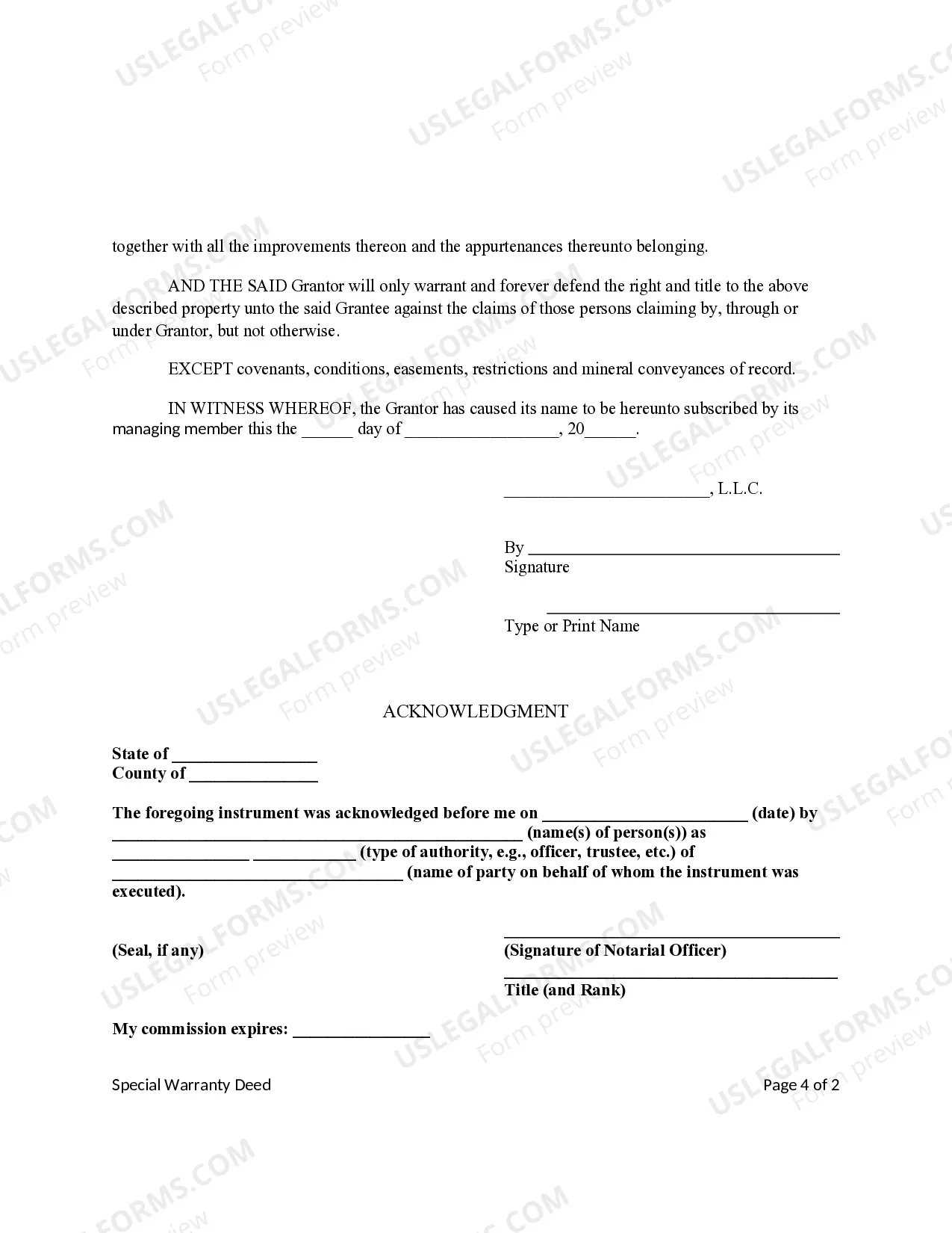 Preview Special Warranty Deed - Limited Liability Company to Limited Liability Company