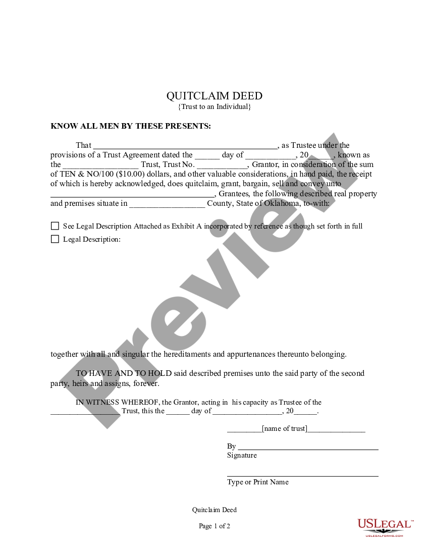 Oklahoma Quitclaim Deed Trust To An Individual Deed Trust Property Us Legal Forms 6837