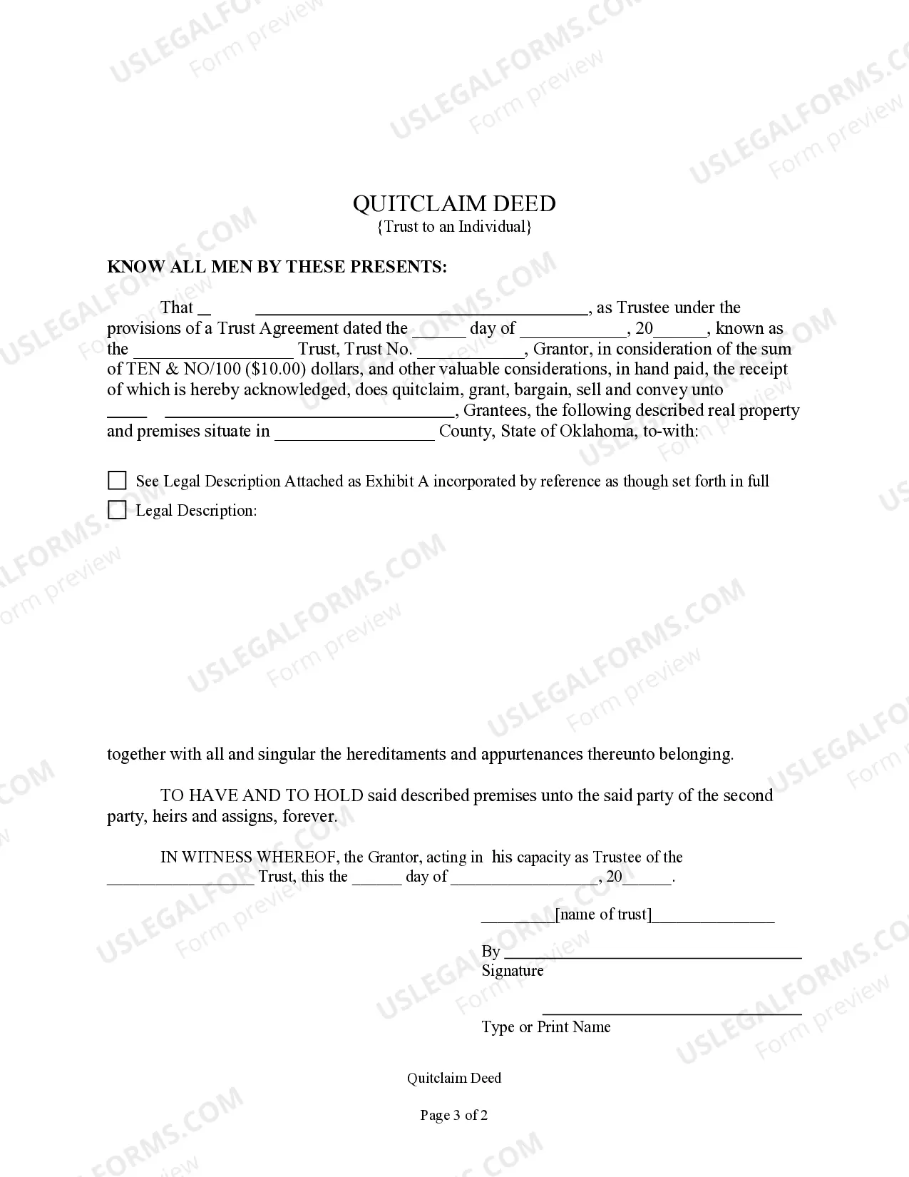 Preview Quitclaim Deed - Trust to an Individual