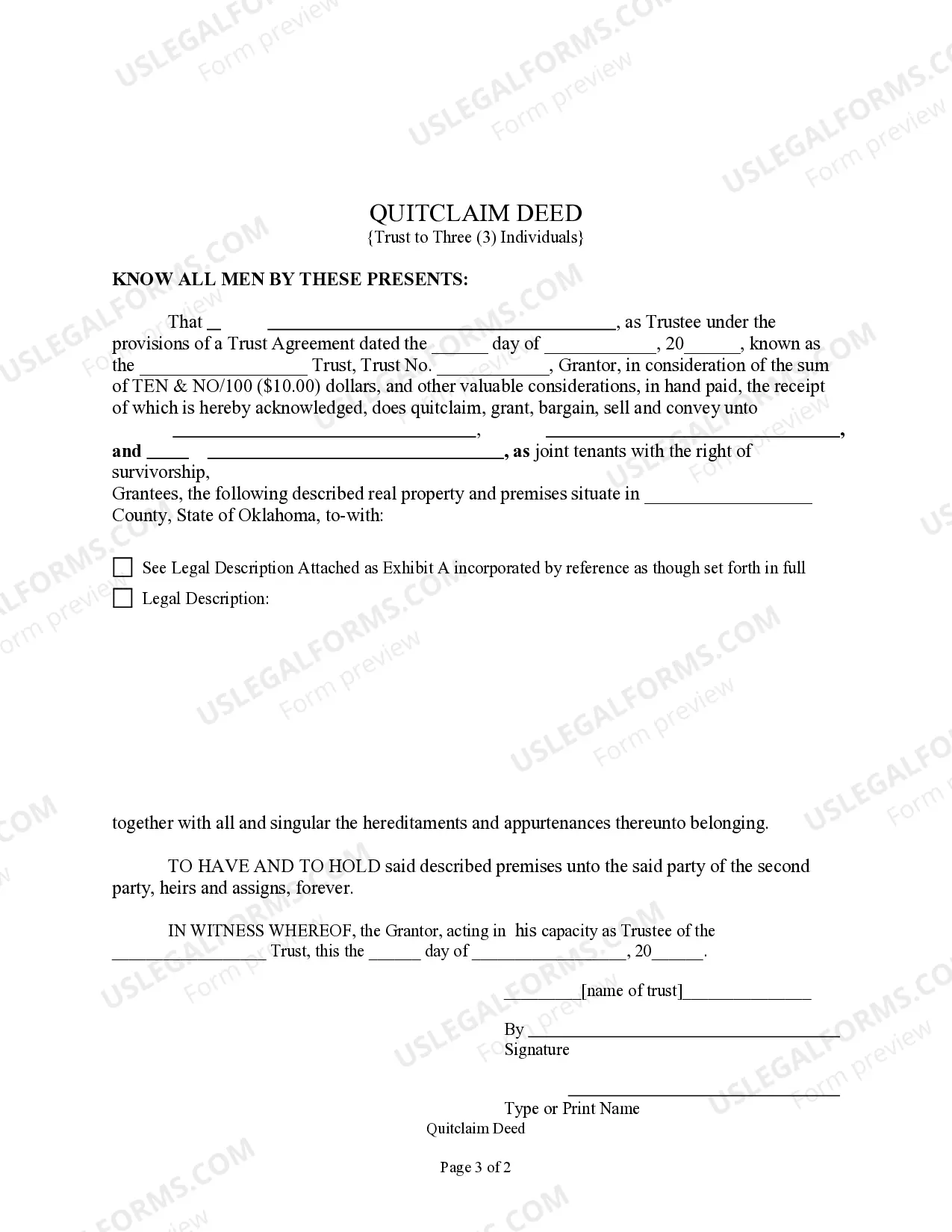 Preview Quitclaim Deed from Trust to Three Individuals