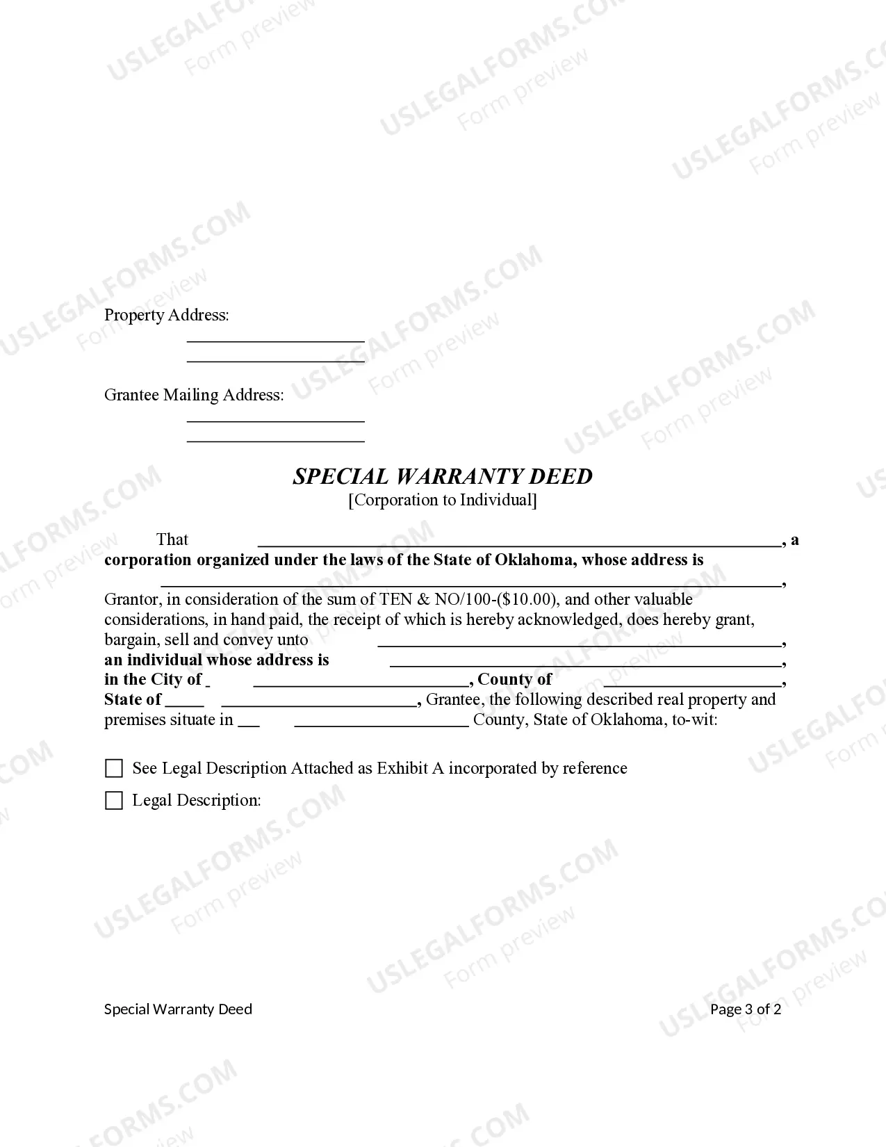 Preview Special Warranty Deed - Corporation to Individual