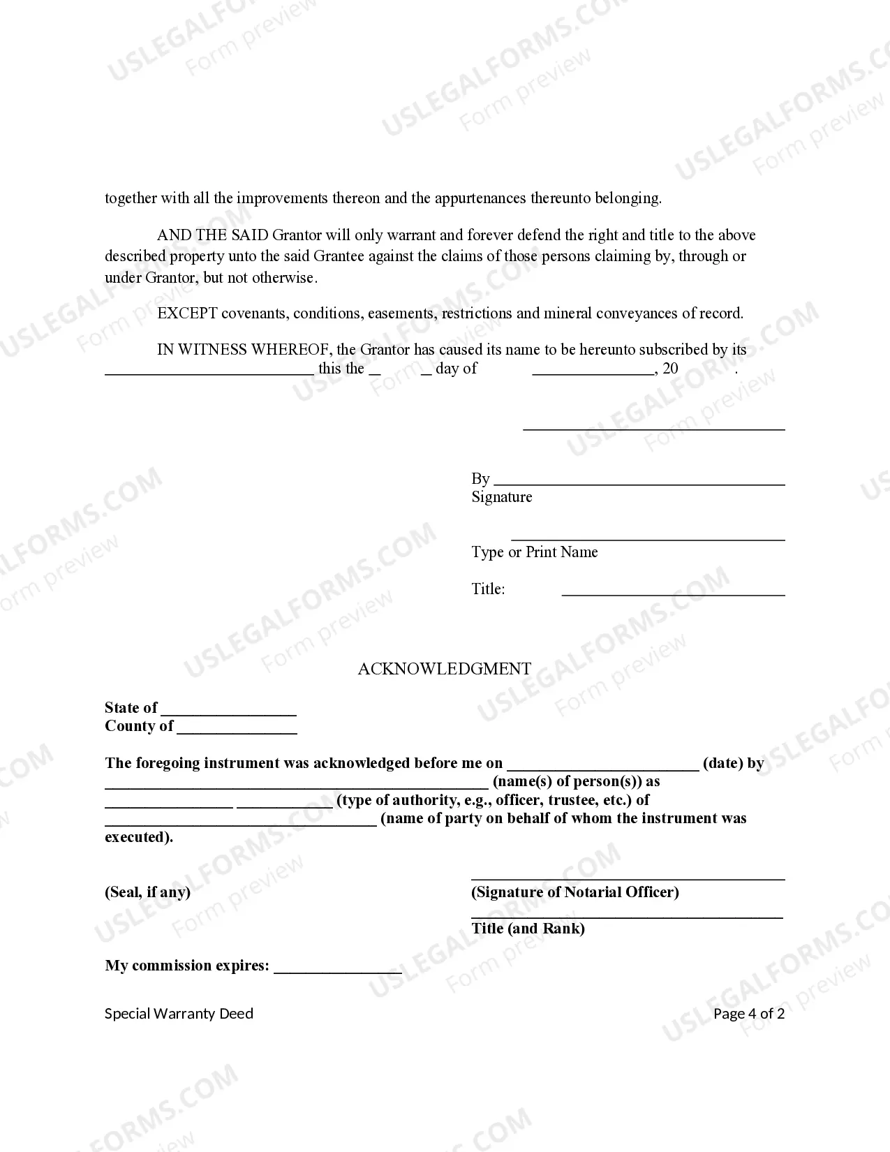Preview Special Warranty Deed - Corporation to Individual