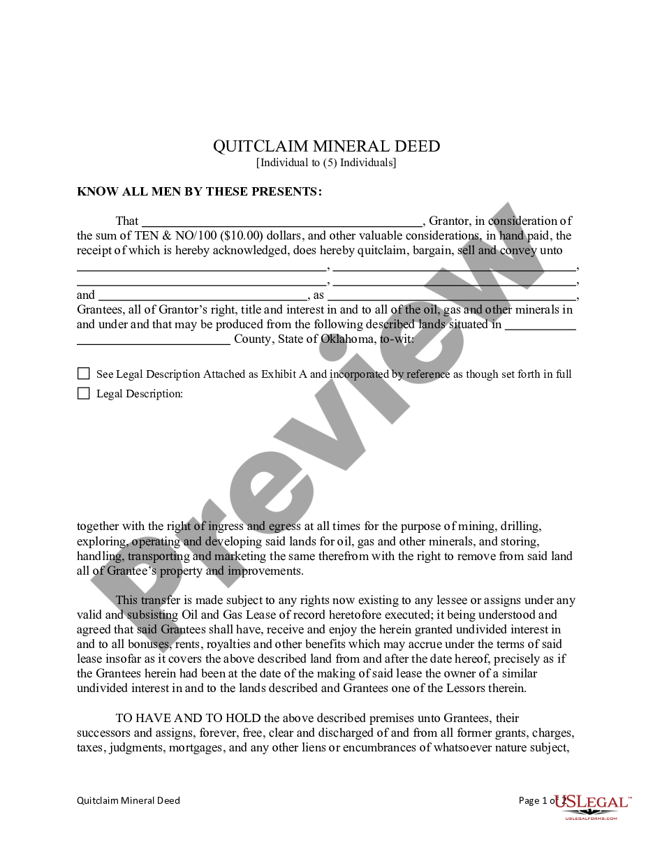 Oklahoma Quitclaim Mineral Deed From An Individual To Five Individuals Oklahoma Mineral Deed 0000