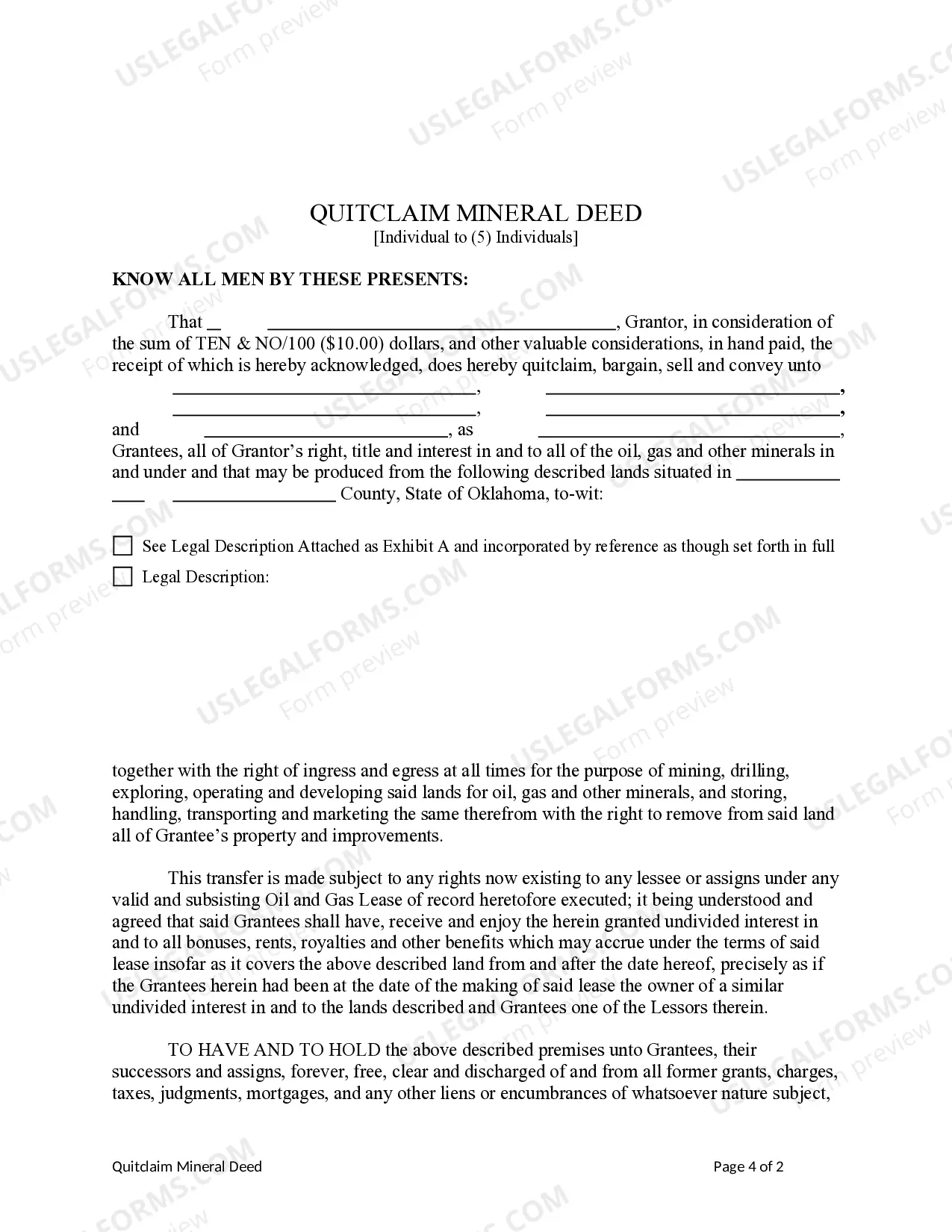 Preview Quitclaim Mineral Deed from an Individual to Five Individuals