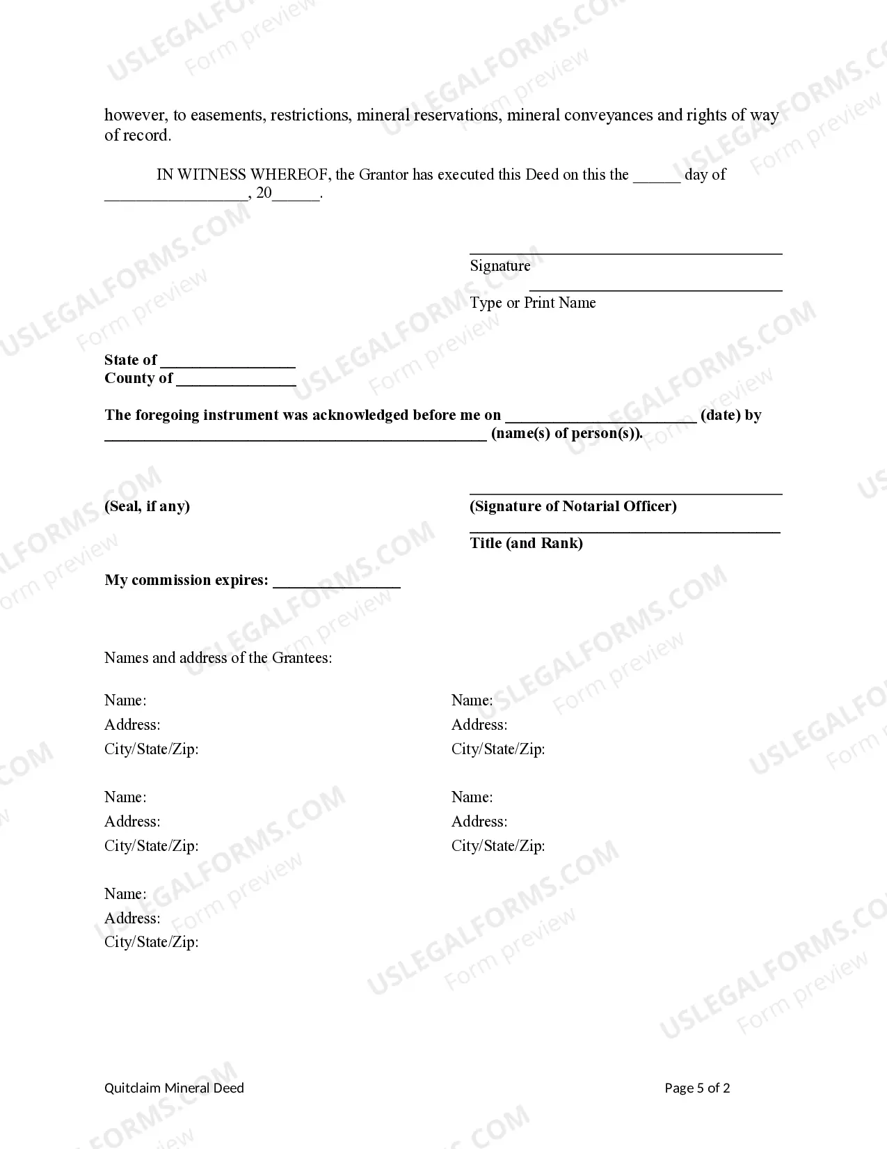 Preview Quitclaim Mineral Deed from an Individual to Five Individuals
