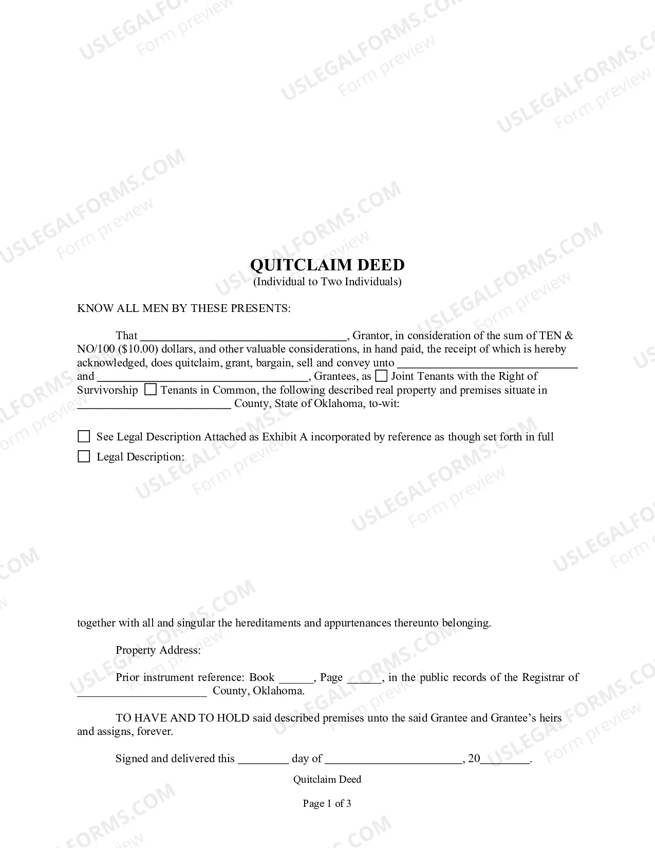 Preview Quitclaim Deed from Individual to Two Individuals in Joint Tenancy