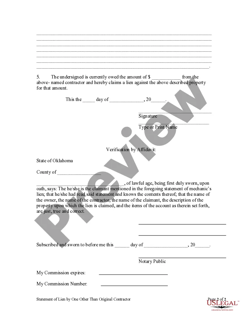 Preview Statement of Lien by One Other than the Original Contractor - Individual