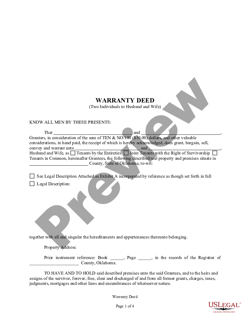 Oklahoma Warranty Deed From Two Individuals To Husband And Wife Us Legal Forms 1323