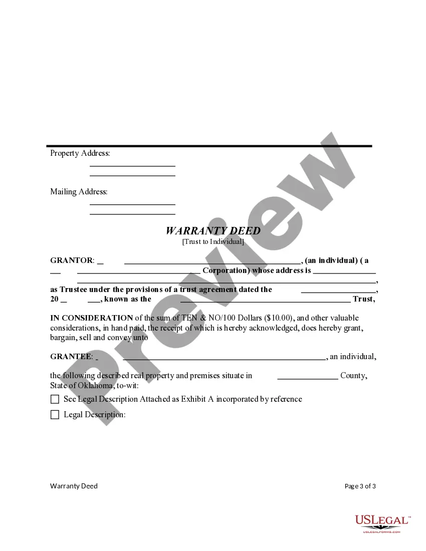Get Warranty Deed from a trust as Grantor to an individual as Grantee. Preview Warranty Deed from a trust as Grantor to an individual as Grantee.