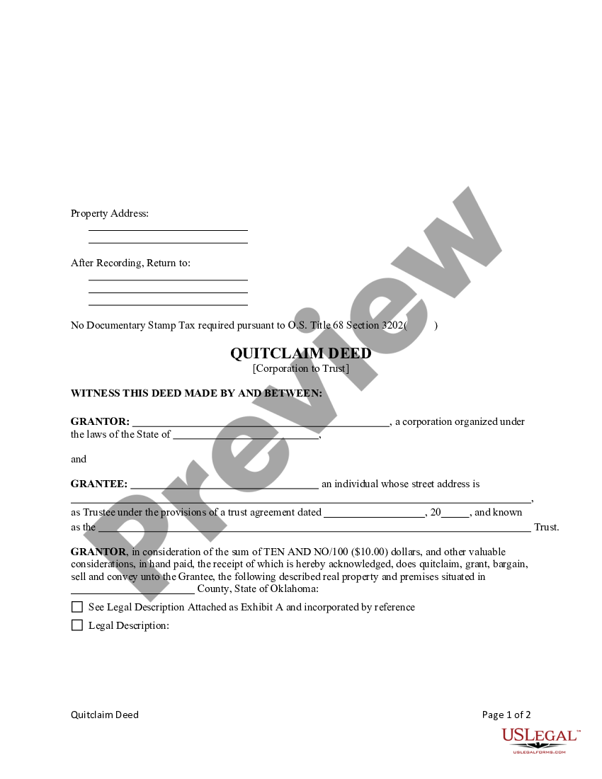 Oklahoma Quitclaim Deed From A Corporation To A Trust Us Legal Forms 7617