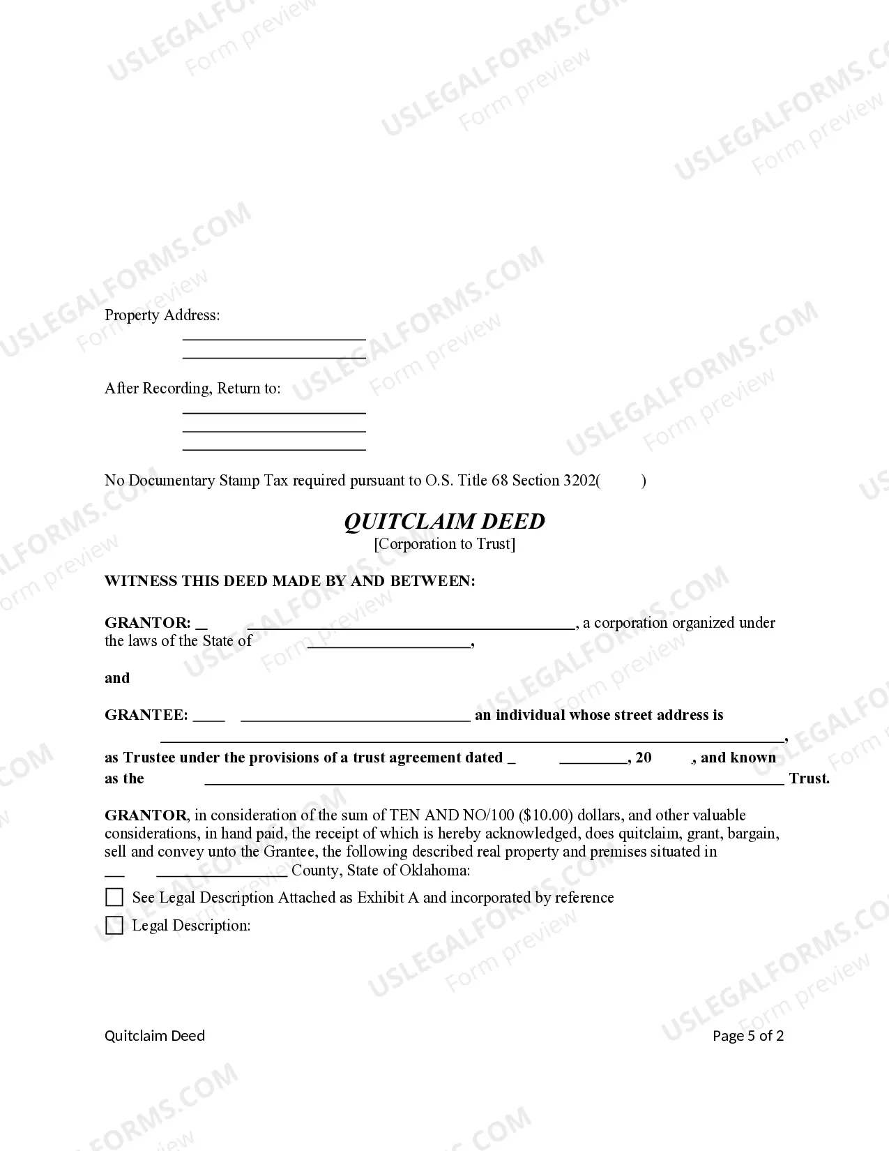 Preview Quitclaim Deed from a Corporation to a Trust