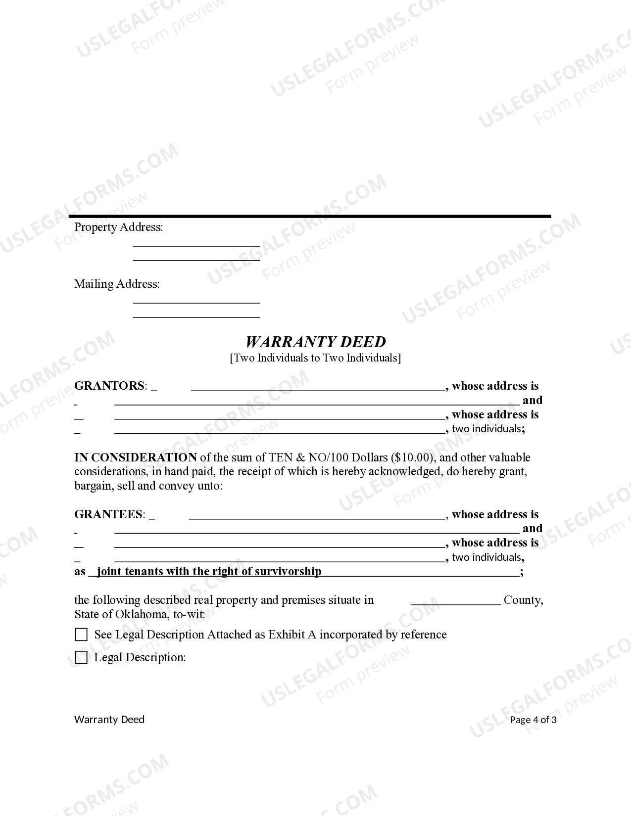 Preview Warranty Deed - Two Individuals to Two Individuals - Joint Tenants with Right of Survivorship