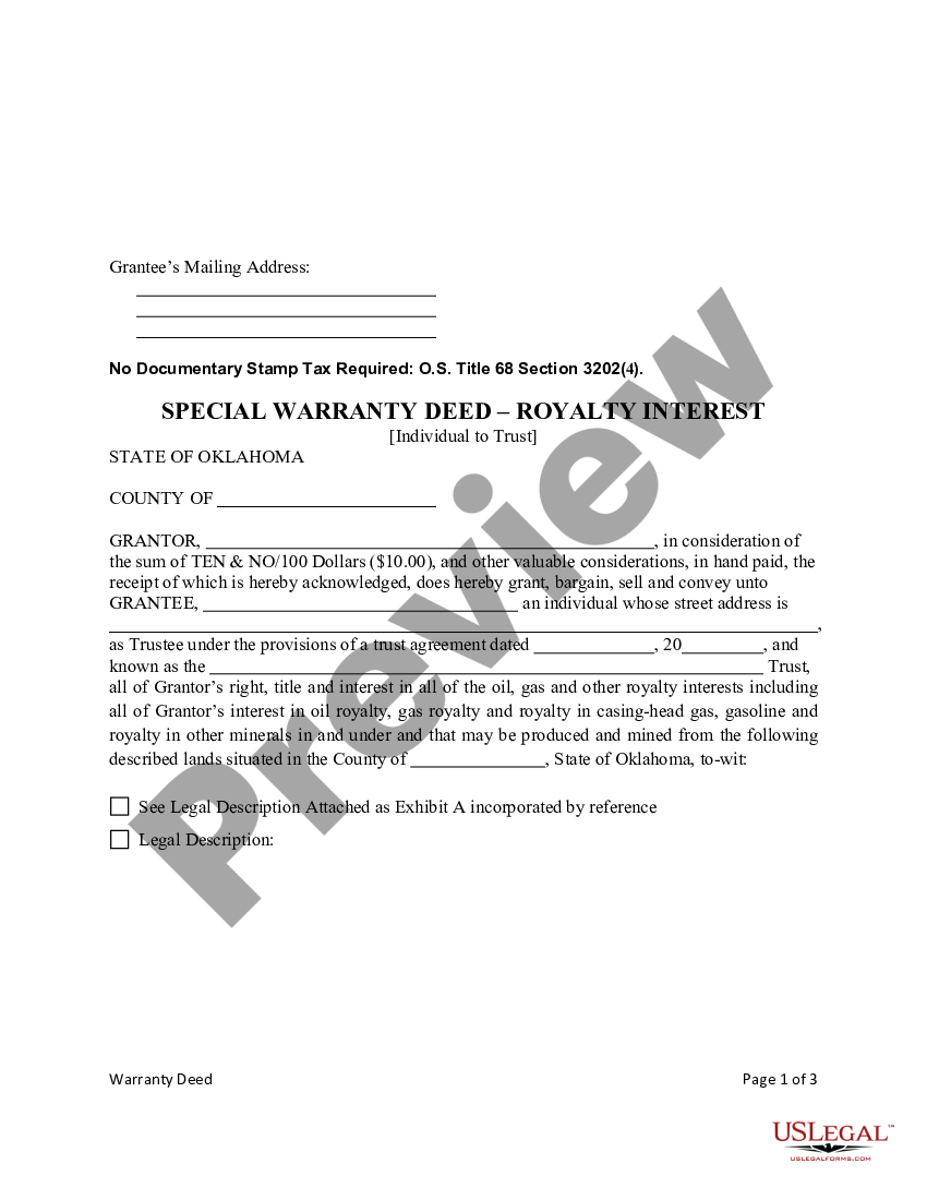 Oklahoma Special Warranty Deed Transferring Royalty Interest From An Individual To A Trust Us 0703