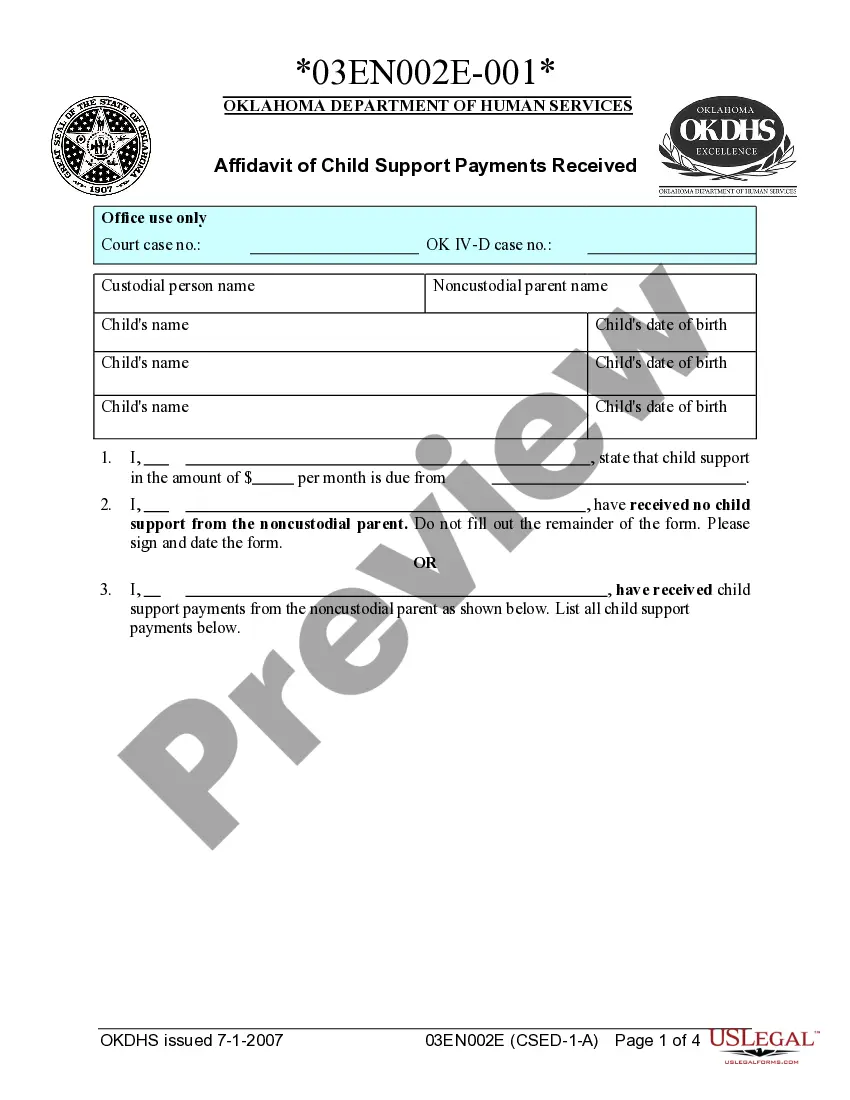 Oklahoma Affidavit of Child Support Payments Received Oklahoma Child