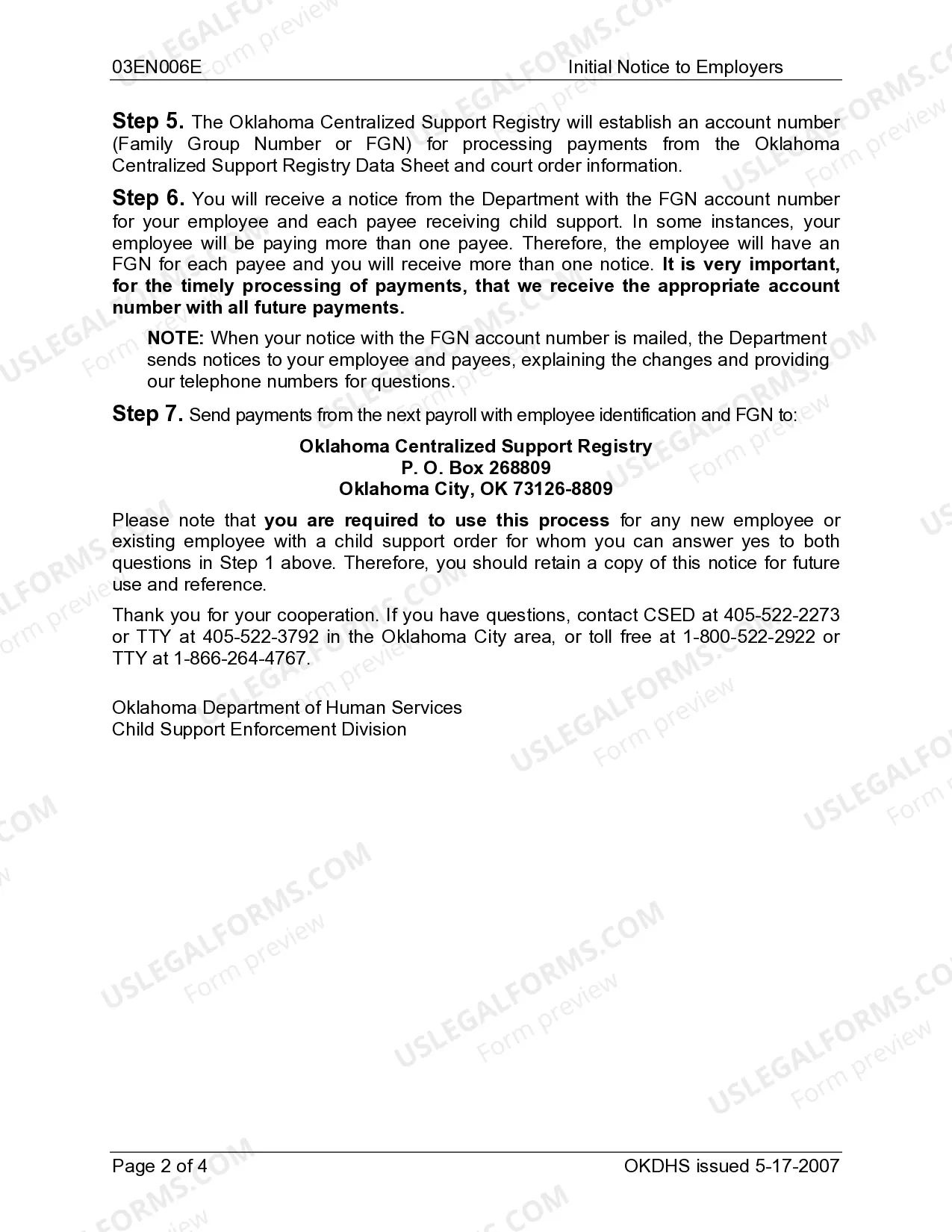 Preview Initial Notice to Employers - Oklahoma Centralized Support Registry Data Sheet