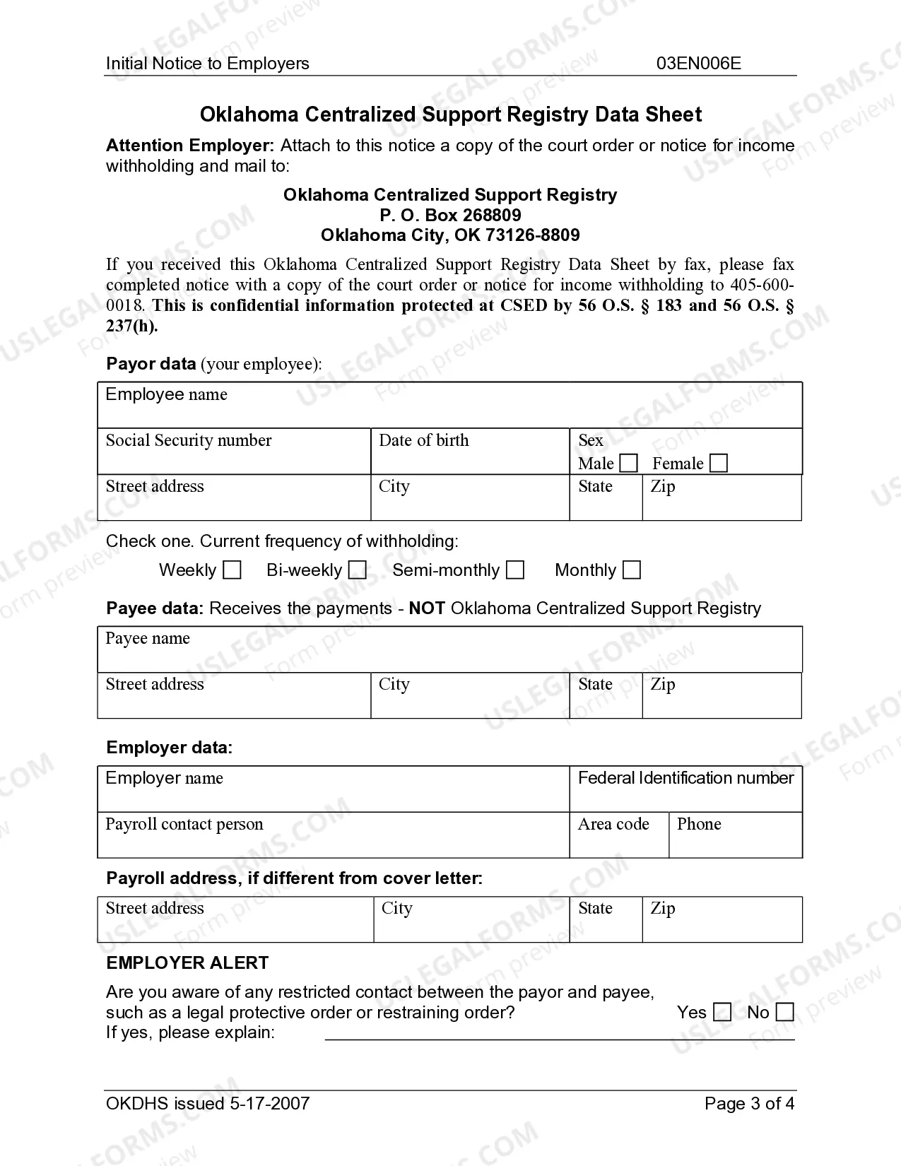 Preview Initial Notice to Employers - Oklahoma Centralized Support Registry Data Sheet