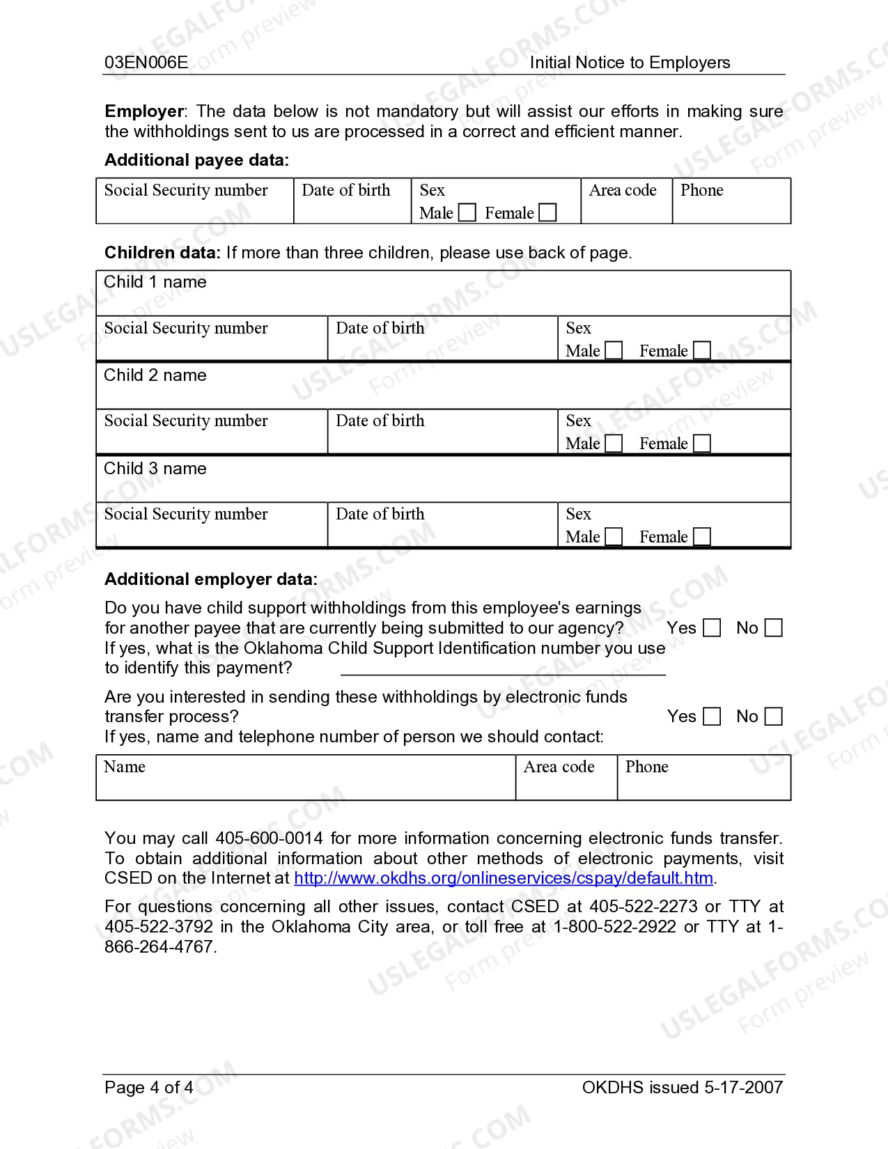Preview Initial Notice to Employers - Oklahoma Centralized Support Registry Data Sheet