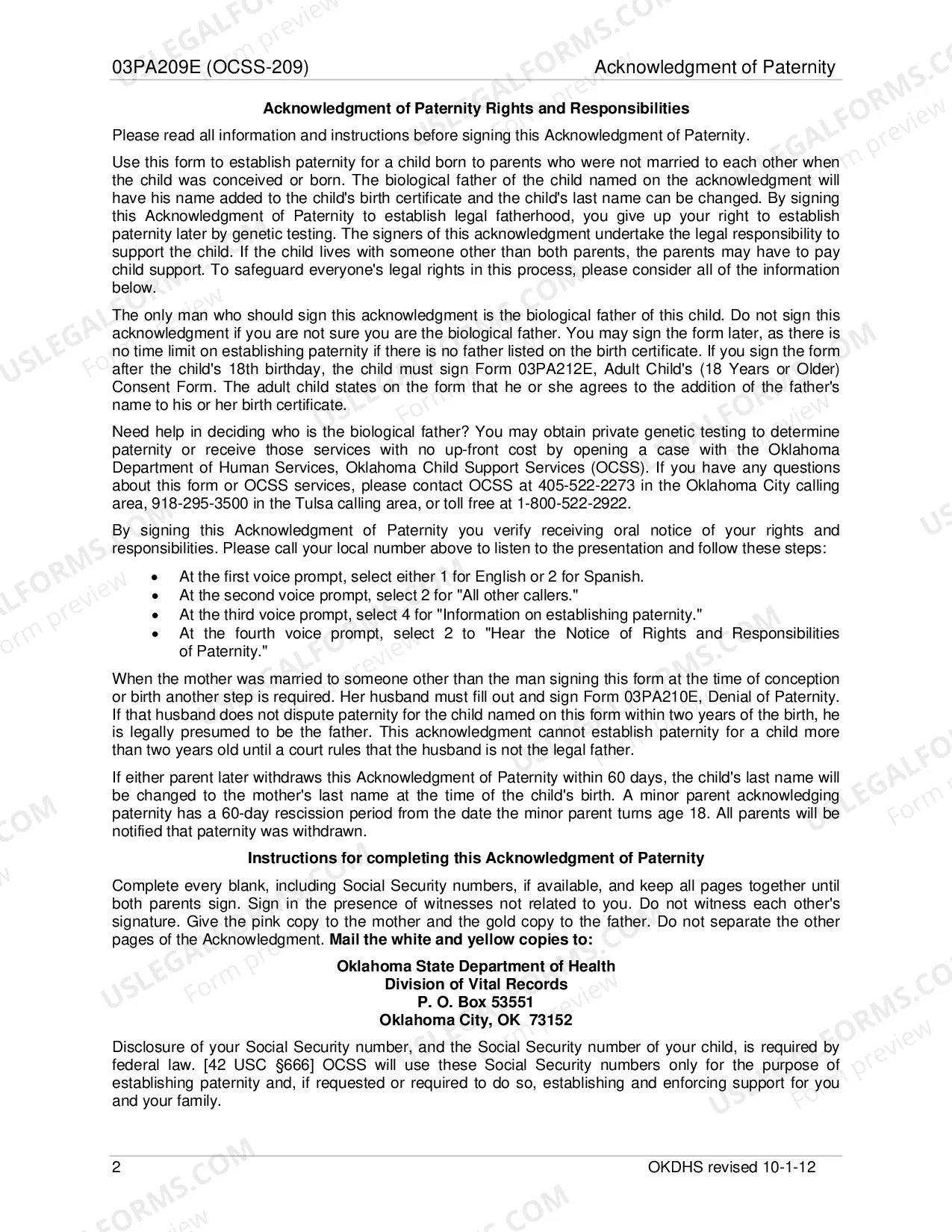 Preview Acknowledgment of Paternity