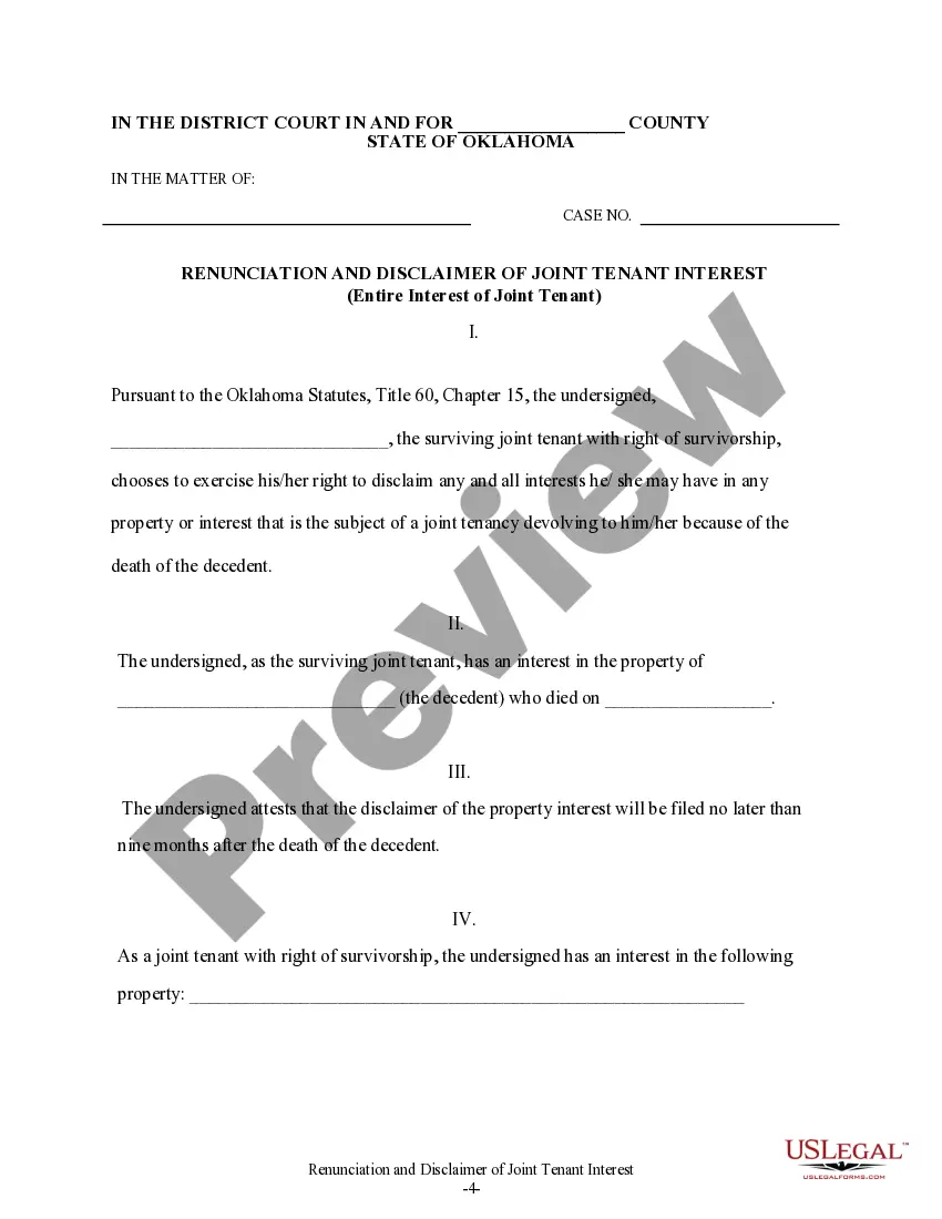 Preview Renunciation And Disclaimer of Joint Tenant or Tenancy Interest