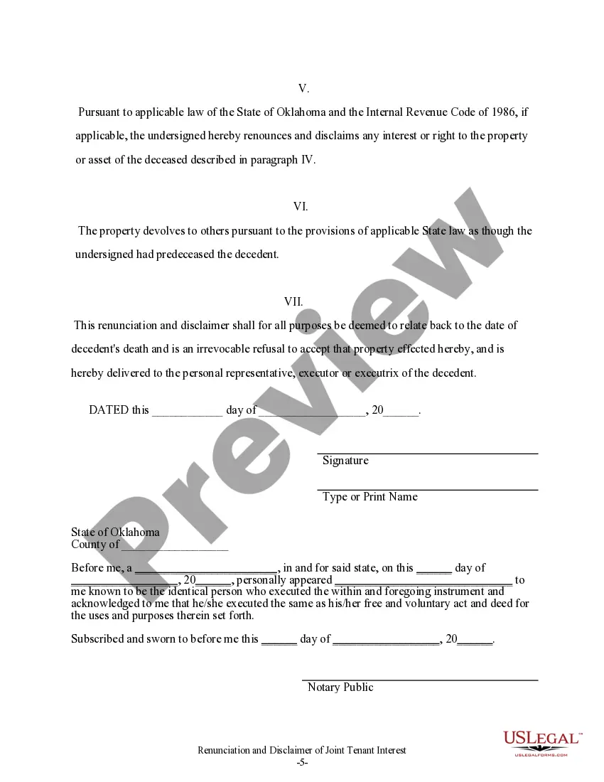 Preview Renunciation And Disclaimer of Joint Tenant or Tenancy Interest