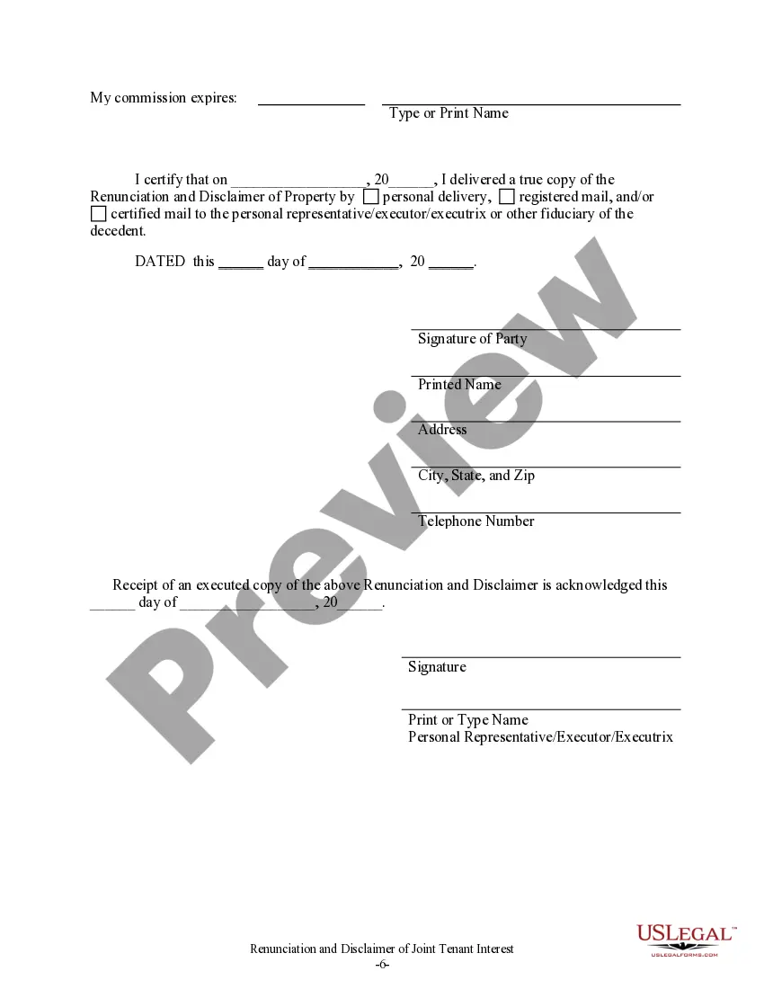 Preview Renunciation And Disclaimer of Joint Tenant or Tenancy Interest