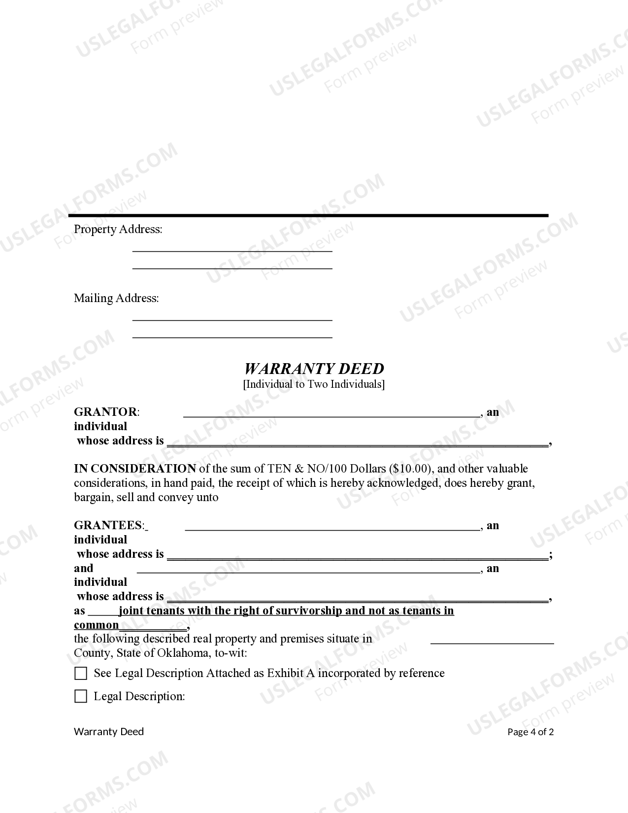 Oklahoma Warranty Deed from Individual to Two Individuals US Legal Forms