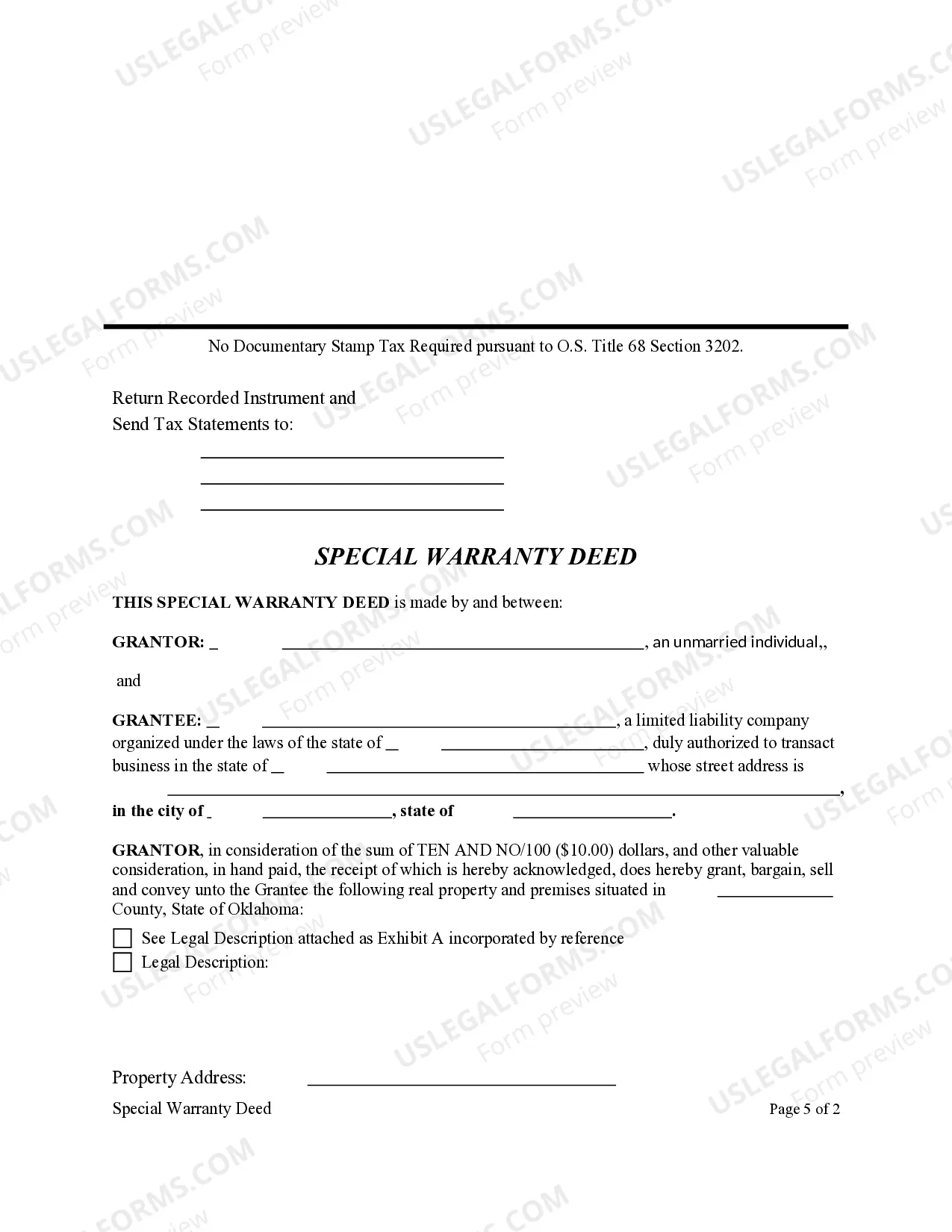 Preview Oklahoma Special Warranty Deed from an Individual to a Limited Liability Company
