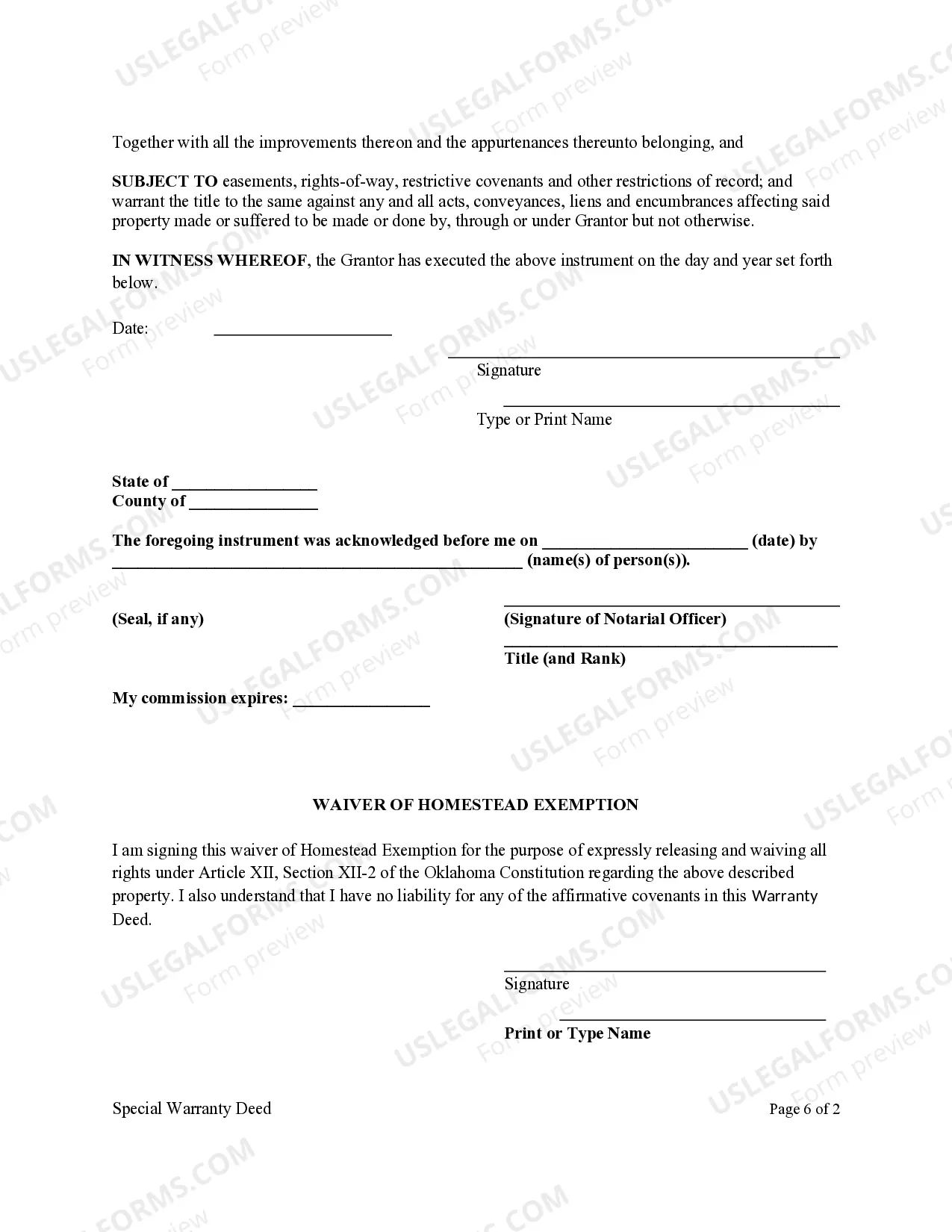 Preview Oklahoma Special Warranty Deed from an Individual to a Limited Liability Company