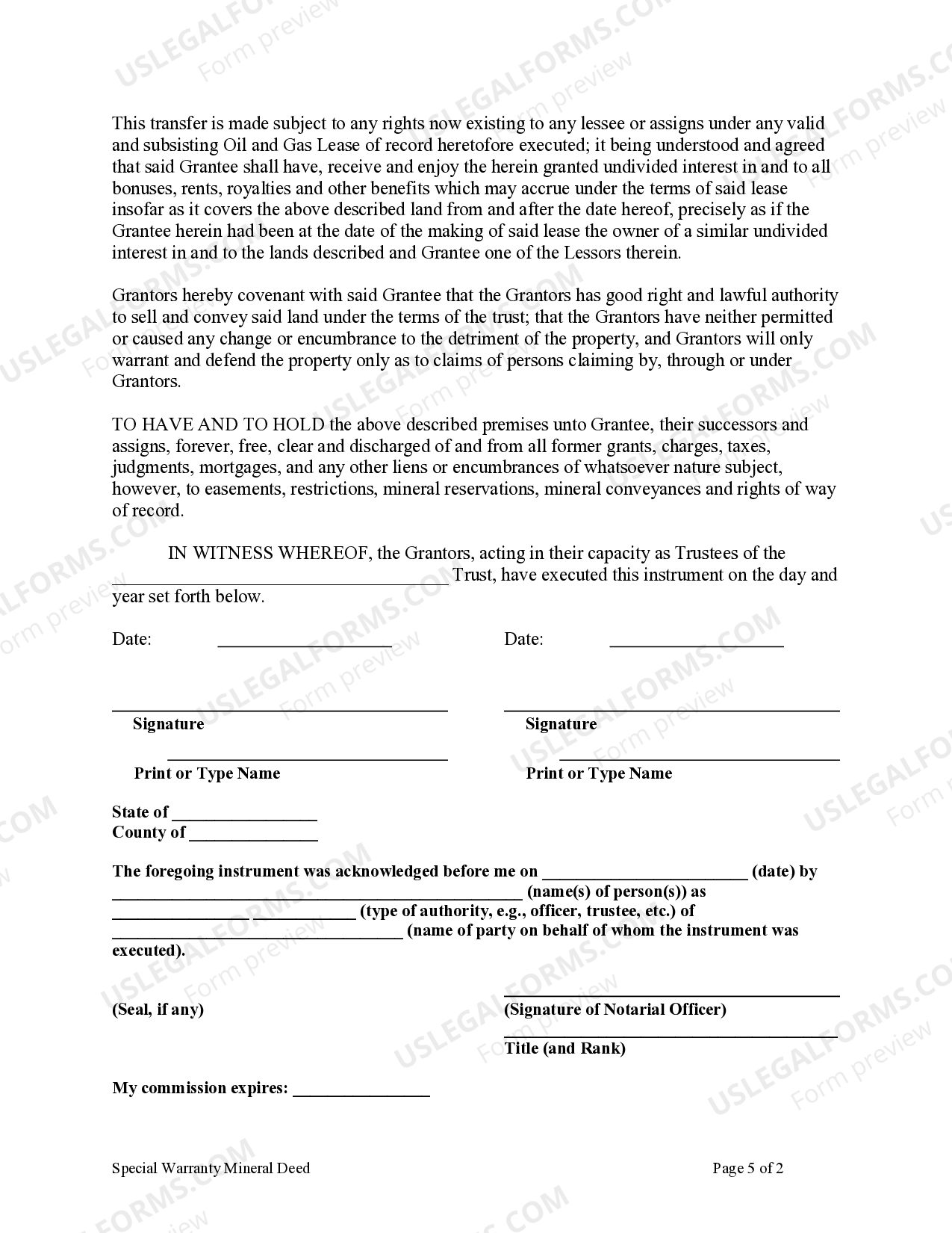 Oklahoma Special Warranty Mineral Deed from a Trust (Two Trustees) to