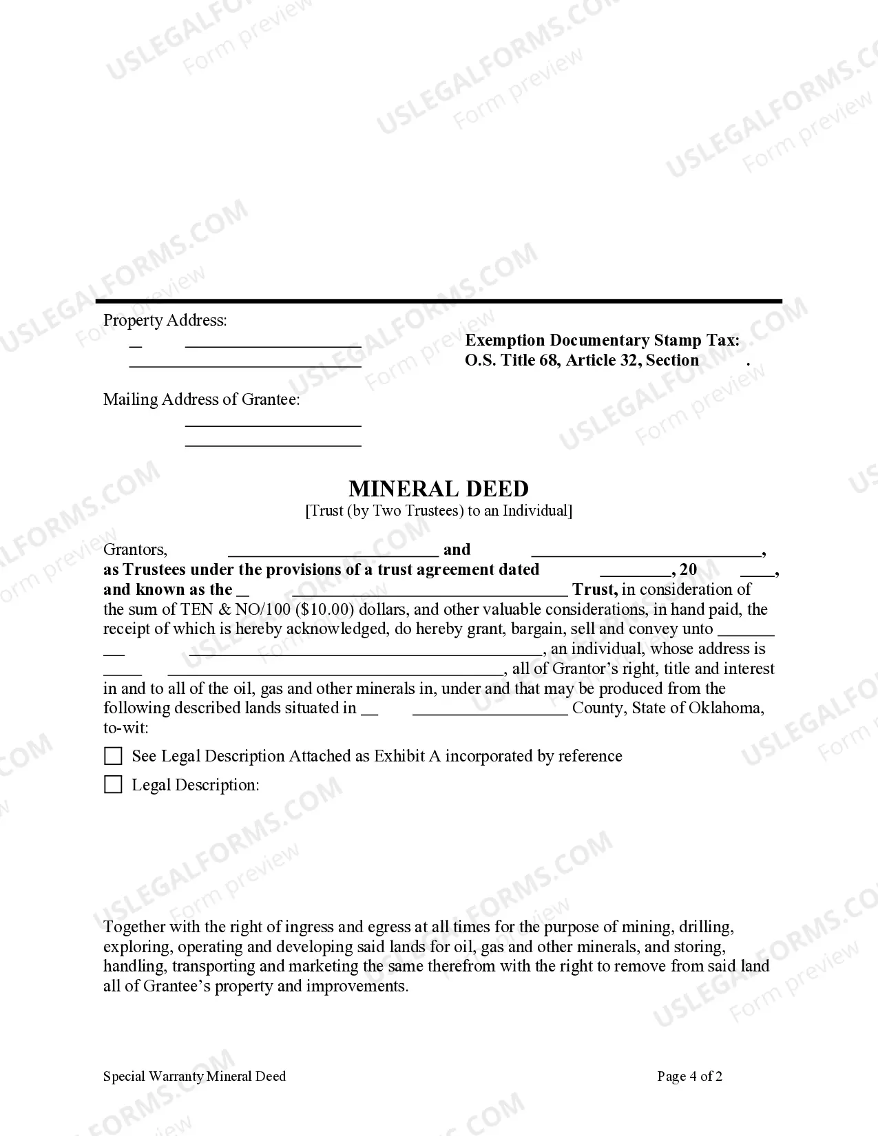 Preview Special Warranty Mineral Deed from a Trust (Two Trustees) to an Individual