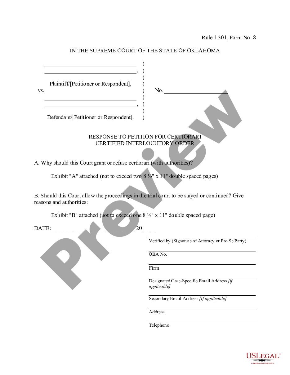 form Response to Petition for Certiorari Certified Interlocutory Order preview