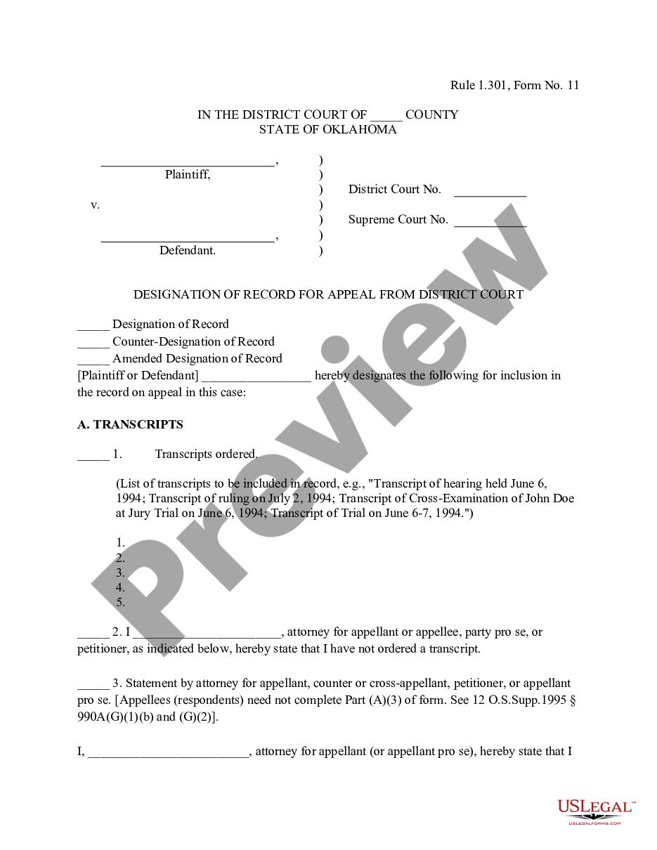form Designation of Record for Appeal from District Court preview