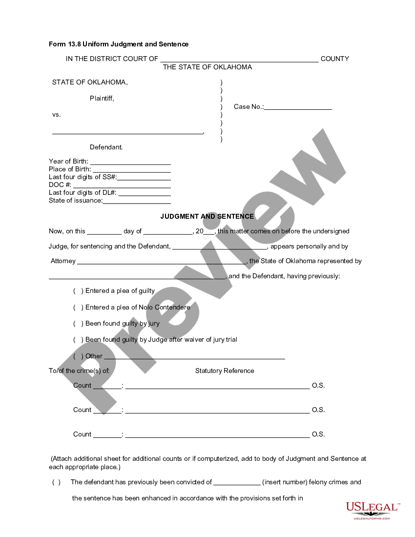 Oklahoma Form 13.8 Uniform Judgment and Sentence - Oklahoma Rule 8 Form ...