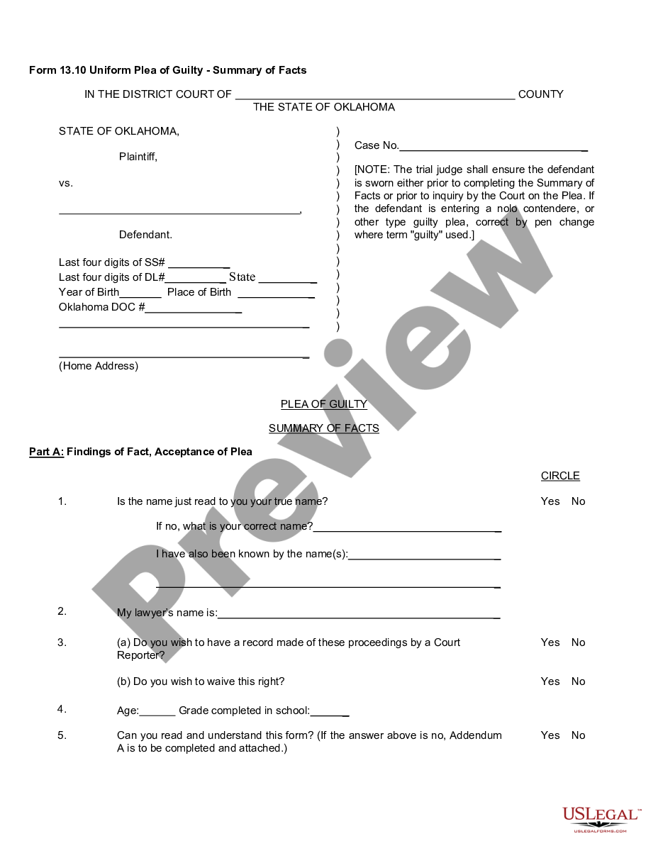 page 0 Form 13.10 Uniform Plea of Guilty - Summary of Facts preview