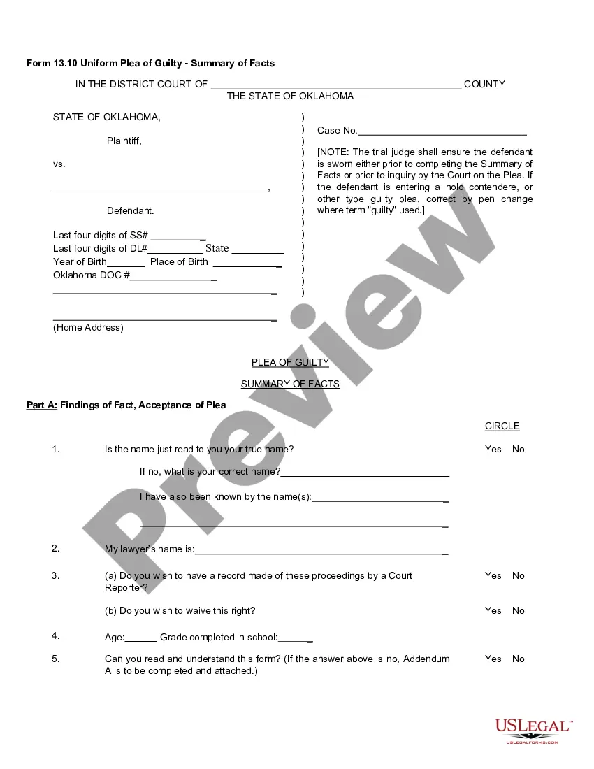 Oklahoma Form 1310 Uniform Plea Of Guilty Summary Of Facts Us Legal Forms 1996