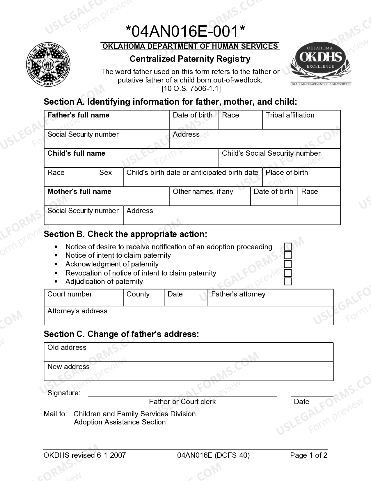 Oklahoma Centralized Paternity Registry | US Legal Forms