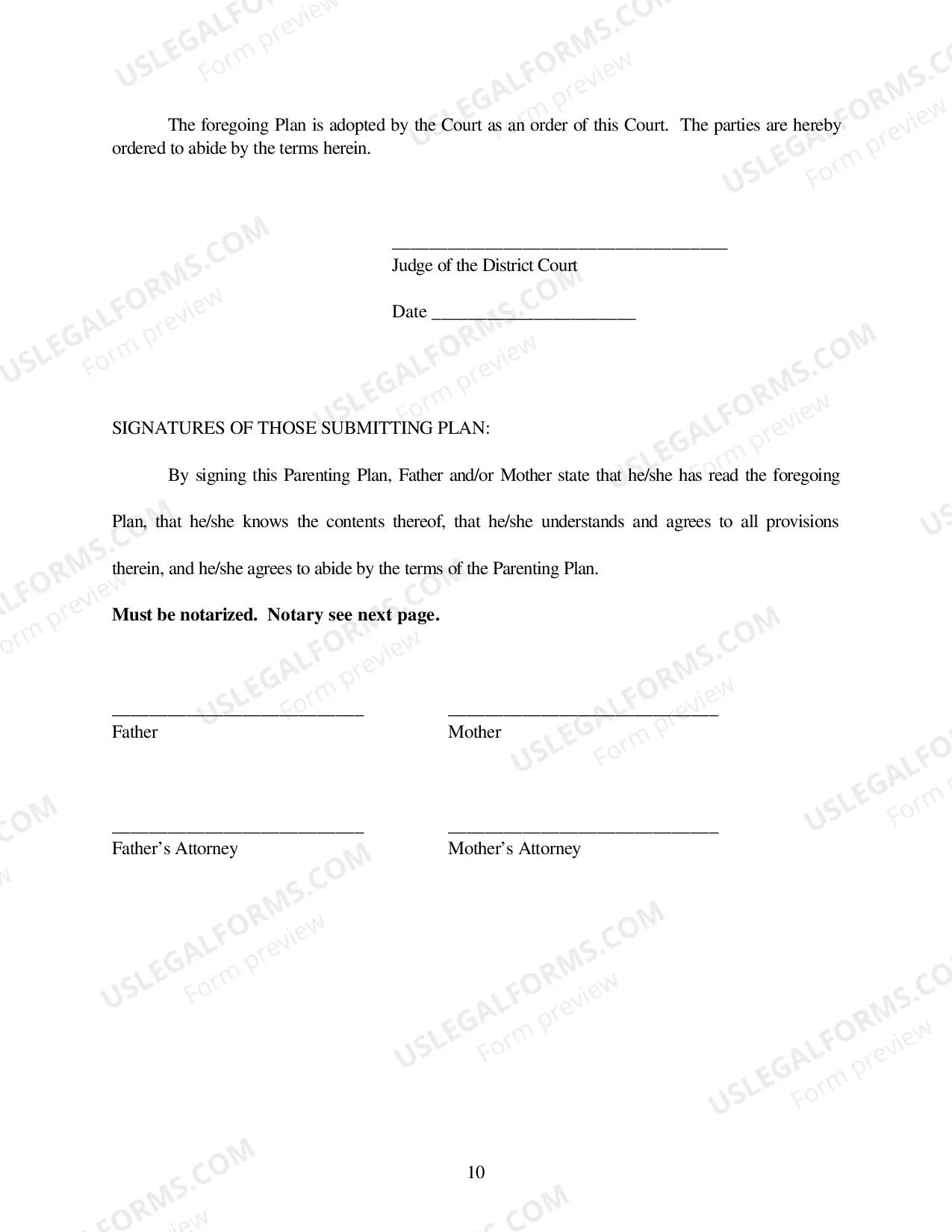 Preview Parenting Plan Order - Tulsa County Only