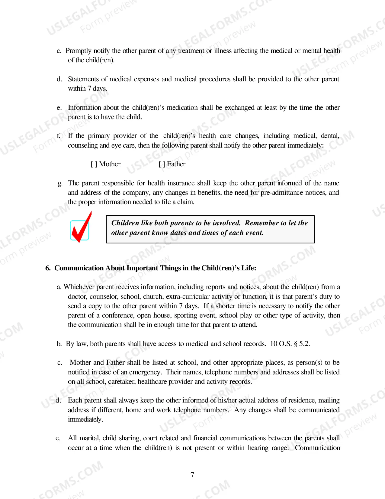 Preview Parenting Plan Order - Tulsa County Only