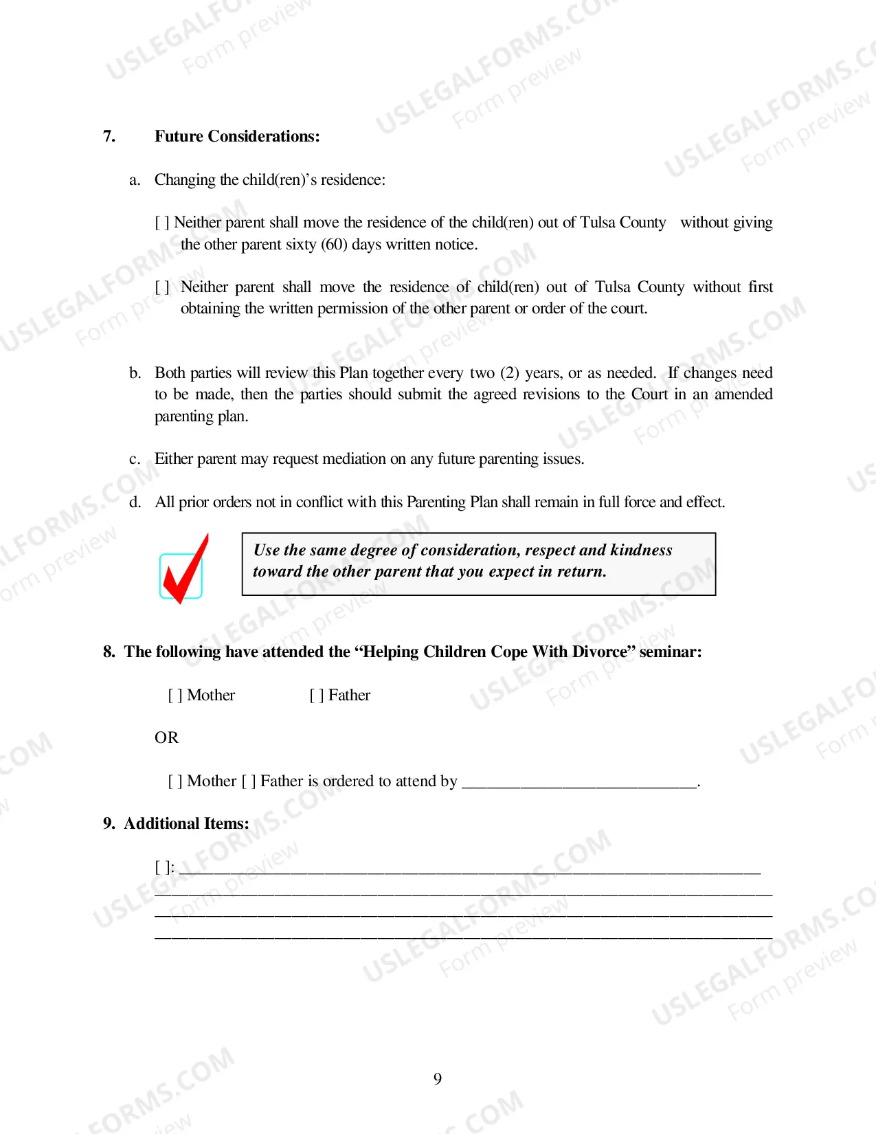Preview Parenting Plan Order - Tulsa County Only