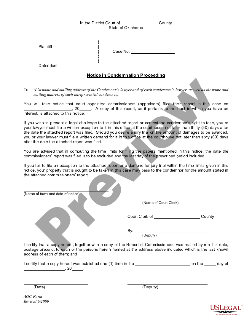 Oklahoma Notice In Condemnation Proceeding | US Legal Forms