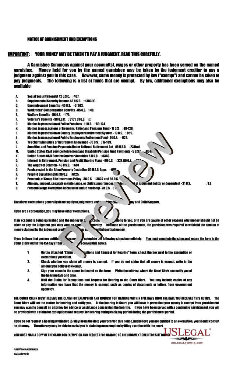 Oklahoma Claim For Exemption And Request For Hearing Oklahoma Garnishment Exemption Form Us 8545