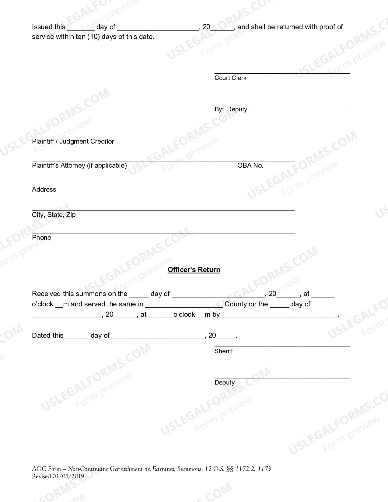 Preview Noncontinuing Post-Judgment Earnings Garnishment Summons