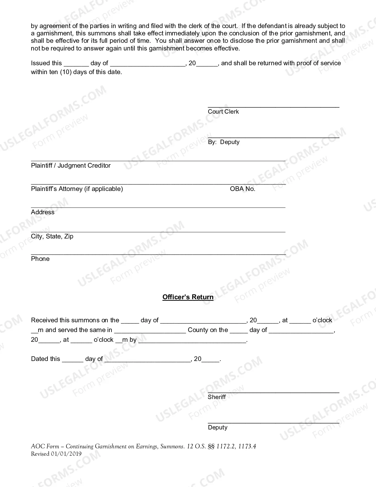 Preview Continuing Post-Judgment Earnings Garnishment Summons