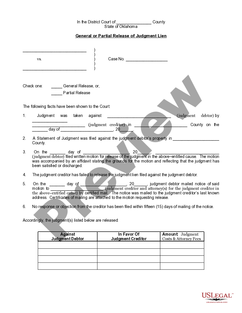 Oklahoma General Or Partial Release Of Judgment Lien US Legal Forms
