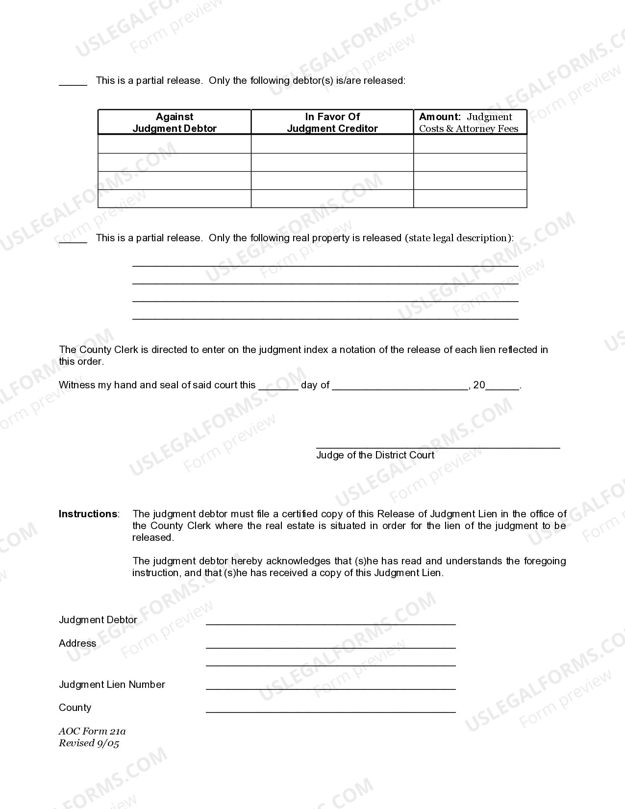 Oklahoma City Oklahoma General Or Partial Release Of Judgment Lien US