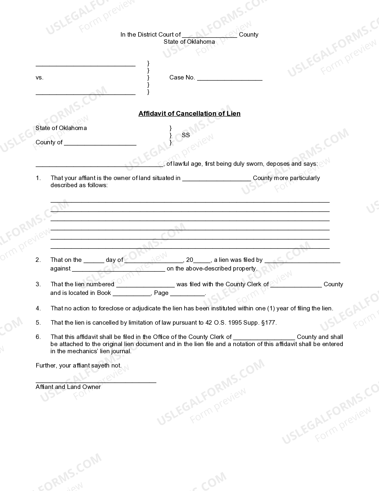 Oklahoma Affidavit Of Cancellation Of Lien US Legal Forms